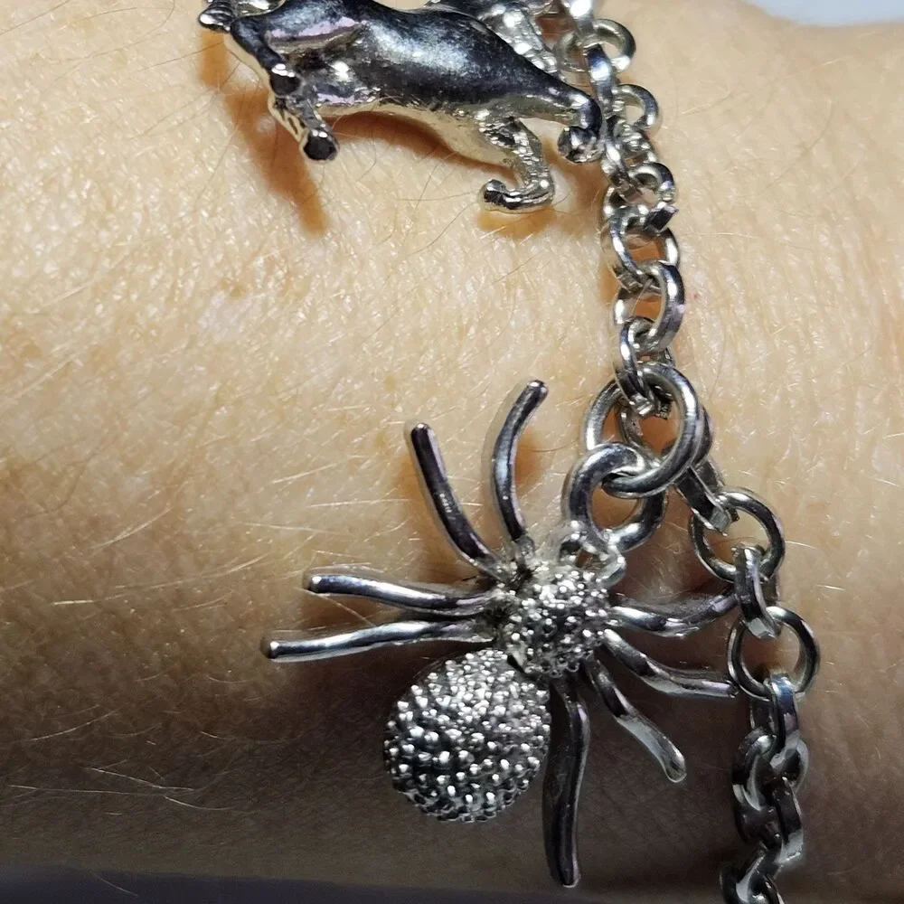 Silver Tone Spider Pig Mouse Horse Charm Toggle Bracelet 6